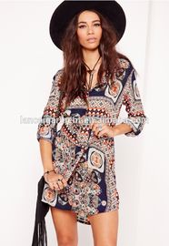 Floral printed women long sleeve one piece hippie casual dress