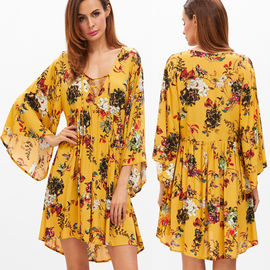 Alibaba long sleeve yellow floral print v neck maxi dress women