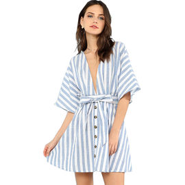 Women Sweet V Neck Tied Open Back Striped Dress With Tassel