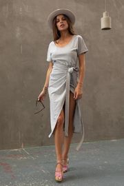 Clothing Fashion Women White T-shirt Wrap Midi Dress with Slit