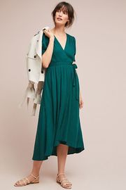 Western Women Elegant Short Sleeve Long Green Wrap Dress Midi Dresses Wrap