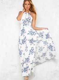 Bohemian Halter Backless Sleeveless Floral Printed Slit Maxi Long Dress for Woman