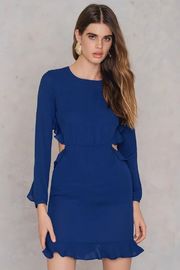 Latest Ruffle Open Back Design Blue Formal Dresses Women