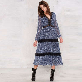 Lace maxi dress printed long sleeve muslim evening dress